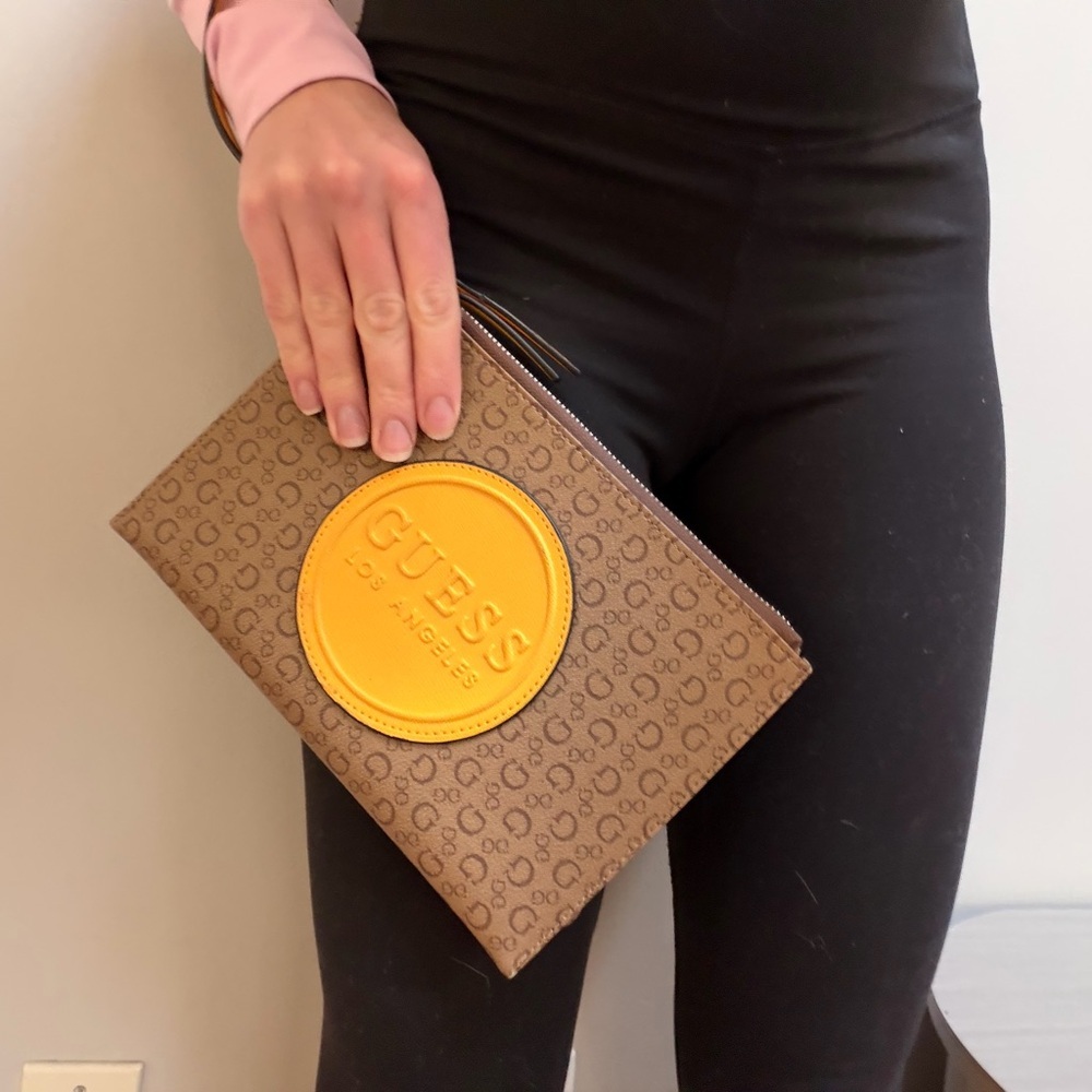 Guess Tan and Yellow Logo Large Wristlet - Picture 7 of 9